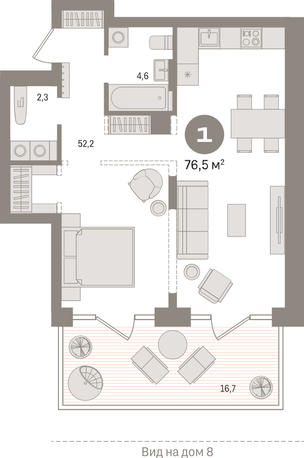 1-комнатная квартира с отделкой в ЖК Октябрьский на Туре на 17 этаже в 2 секции. Сдача в 2 кв. 2025 г.