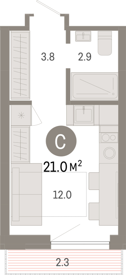 1-комнатная квартира (Студия) с отделкой в ЖК Октябрьский на Туре на 18 этаже в 1 секции. Сдача в 2 кв. 2025 г.