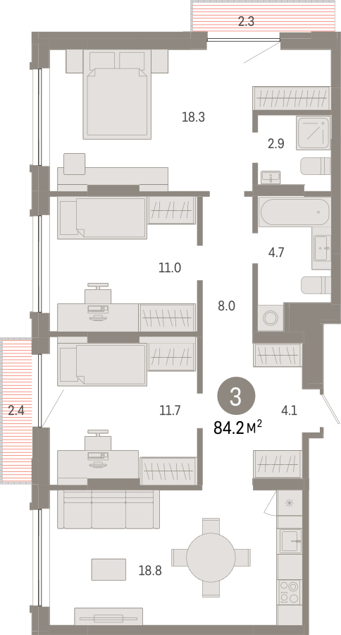 2-комнатная квартира с отделкой в ЖК Октябрьский на Туре на 7 этаже в 3 секции. Сдача в 2 кв. 2025 г.