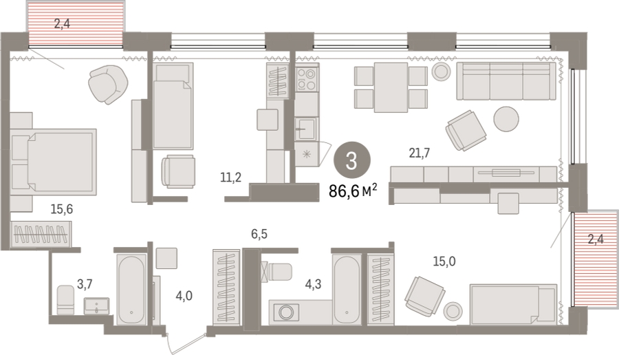 2-комнатная квартира с отделкой в ЖК Октябрьский на Туре на 8 этаже в 3 секции. Сдача в 2 кв. 2025 г.