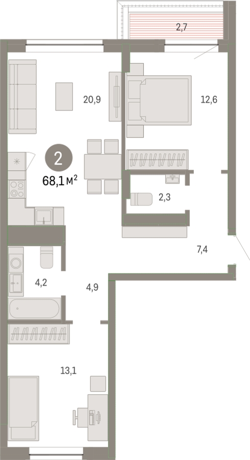 2-комнатная квартира с отделкой в ЖК Октябрьский на Туре на 4 этаже в 2 секции. Сдача в 1 кв. 2026 г.