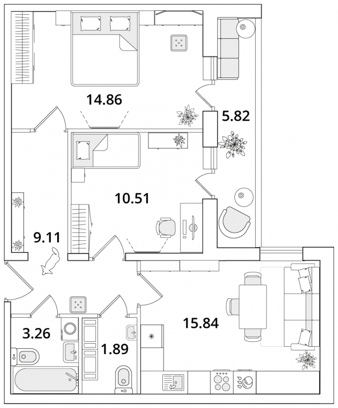 2-комнатная квартира с отделкой в ЖК Октябрьский на Туре на 2 этаже в 5 секции. Сдача в 1 кв. 2026 г.