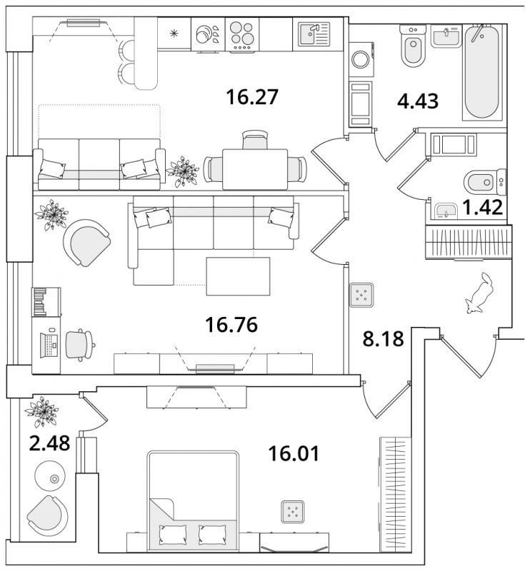 2-комнатная квартира с отделкой в ЖК Дзен-кварталы на 14 этаже в 2 секции. Сдача в 3 кв. 2026 г.