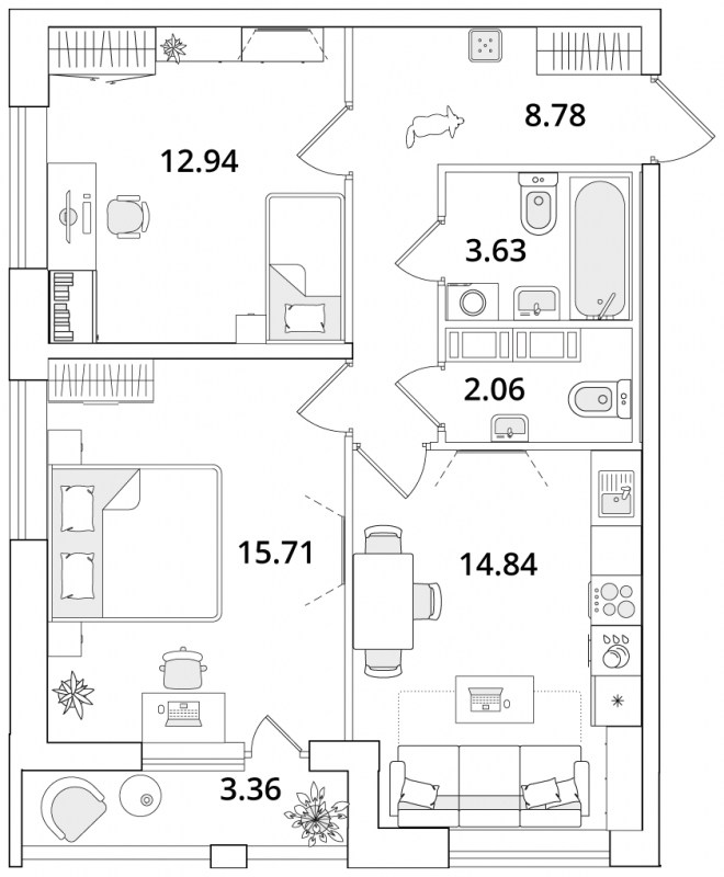 1-комнатная квартира (Студия) с отделкой в ЖК Дзен-кварталы на 2 этаже в 3 секции. Сдача в 3 кв. 2026 г.