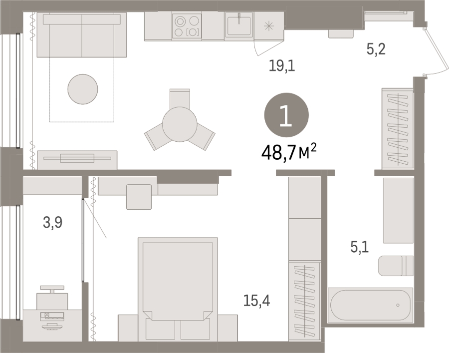 1-комнатная квартира с отделкой в ЖК Октябрьский на Туре на 12 этаже в 2 секции. Сдача в 2 кв. 2025 г.