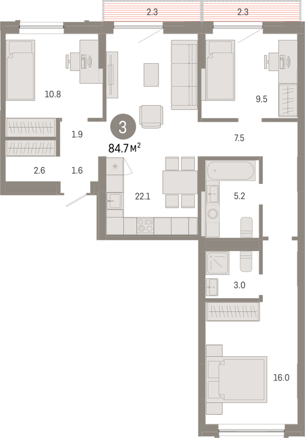 1-комнатная квартира (Студия) с отделкой в ЖК Октябрьский на Туре на 13 этаже в 1 секции. Сдача в 2 кв. 2025 г.