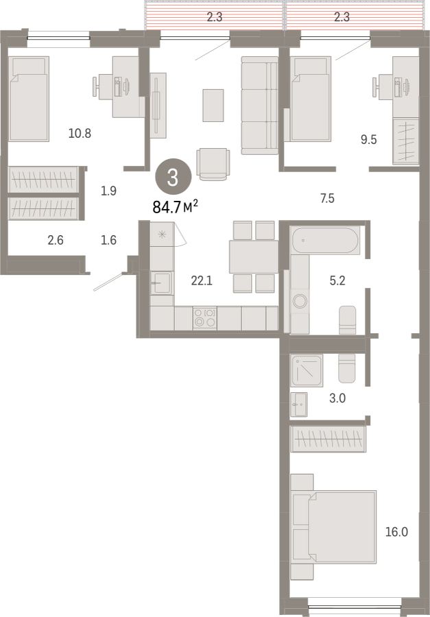 3-комнатная квартира с отделкой в ЖК Октябрьский на Туре на 1 этаже в 1 секции. Сдача в 2 кв. 2025 г.