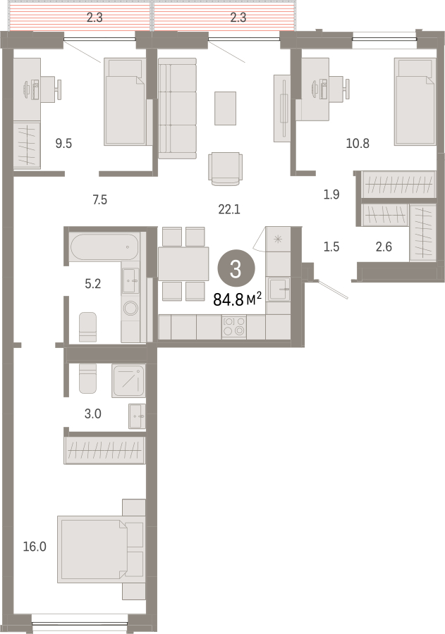 3-комнатная квартира с отделкой в ЖК Октябрьский на Туре на 25 этаже в 1 секции. Сдача в 2 кв. 2025 г.