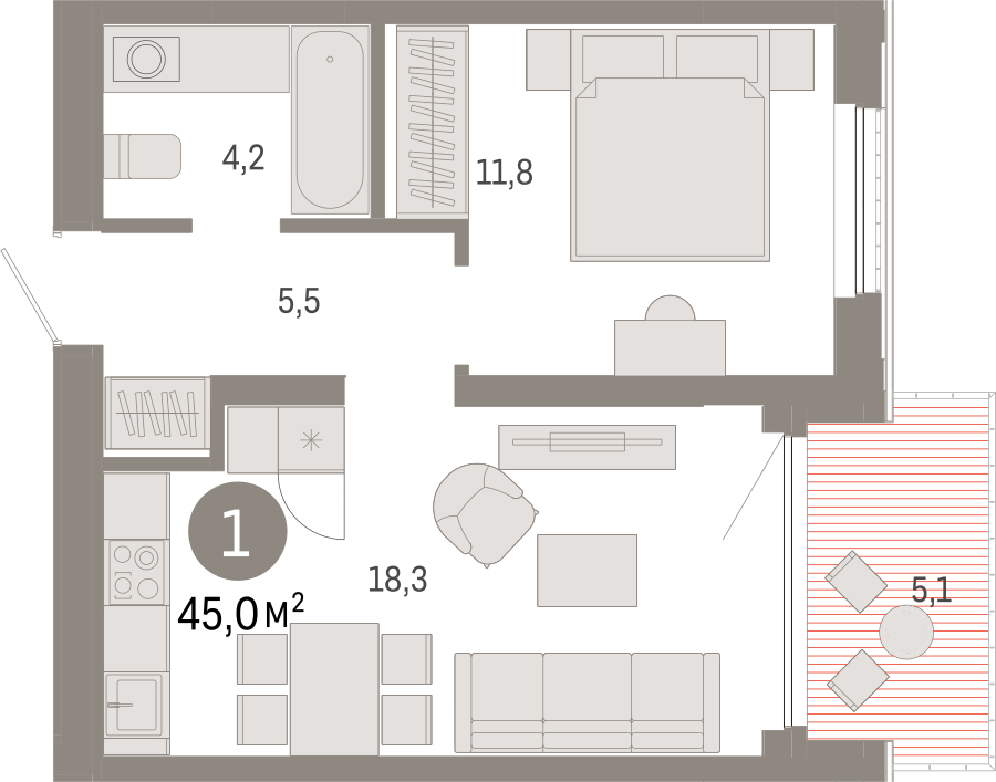 1-комнатная квартира в ЖК Дзен-кварталы на 5 этаже в 1 секции. Сдача в 2 кв. 2026 г.
