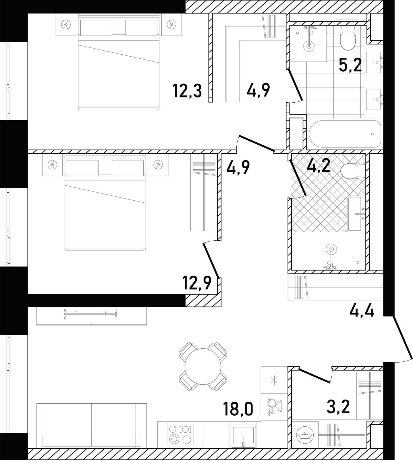 2-комнатная квартира с отделкой в ЖК Октябрьский на Туре на 4 этаже в 3 секции. Сдача в 1 кв. 2026 г.