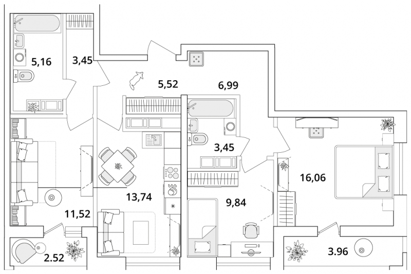1-комнатная квартира с отделкой в ЖК Октябрьский на Туре на 13 этаже в 3 секции. Сдача в 2 кв. 2025 г.