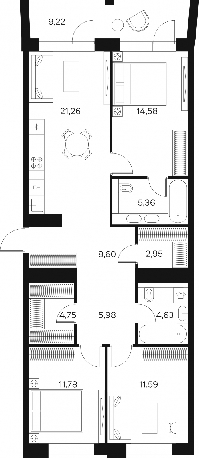 3-комнатная квартира с отделкой в ЖК Октябрьский на Туре на 7 этаже в 4 секции. Сдача в 1 кв. 2026 г.