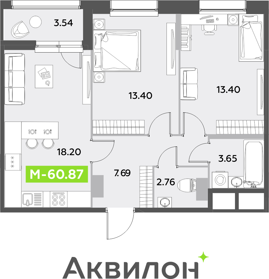 3-комнатная квартира с отделкой в ЖК Октябрьский на Туре на 10 этаже в 2 секции. Сдача в 2 кв. 2025 г.