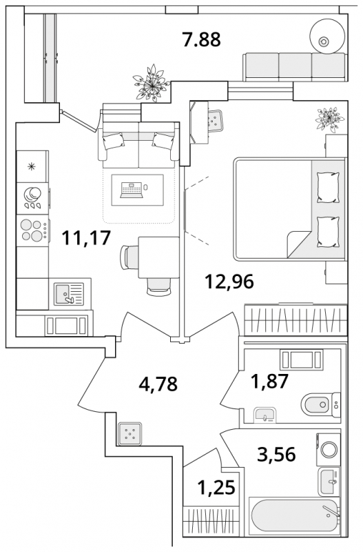 1-комнатная квартира с отделкой в ЖК Октябрьский на Туре на 11 этаже в 2 секции. Сдача в 2 кв. 2025 г.