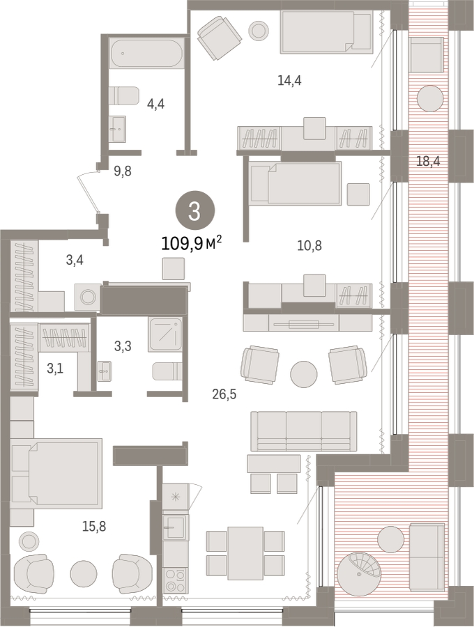 3-комнатная квартира с отделкой в ЖК Октябрьский на Туре на 17 этаже в 1 секции. Сдача в 2 кв. 2025 г.