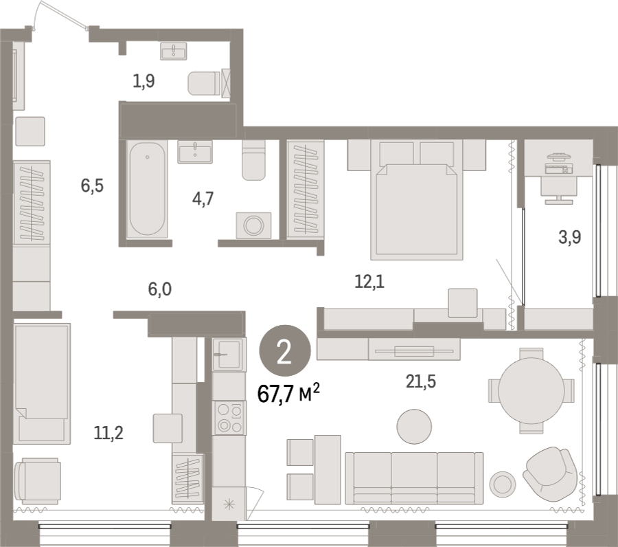 2-комнатная квартира с отделкой в ЖК Октябрьский на Туре на 16 этаже в 6 секции. Сдача в 2 кв. 2026 г.