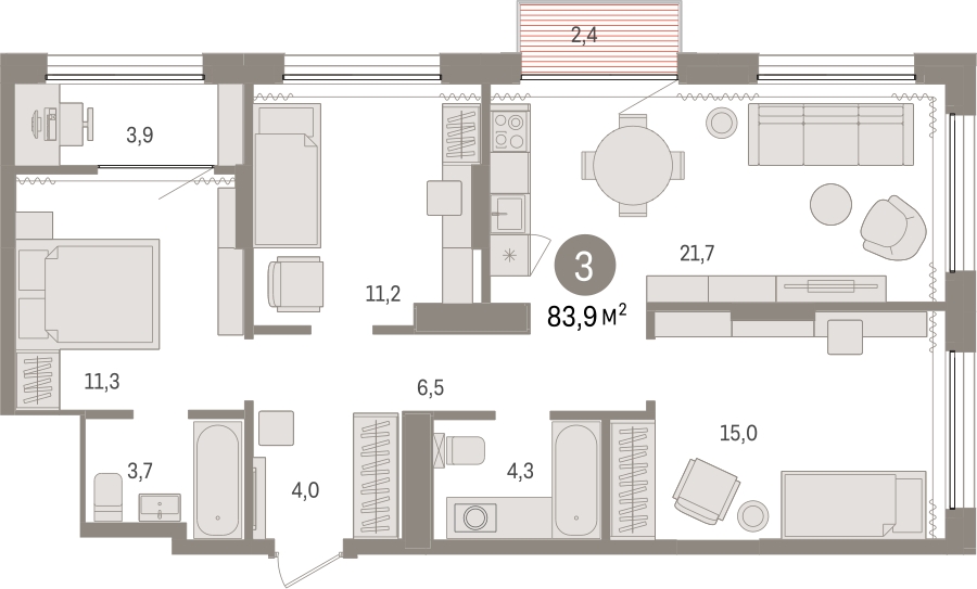 2-комнатная квартира с отделкой в ЖК Октябрьский на Туре на 13 этаже в 1 секции. Сдача в 2 кв. 2025 г.