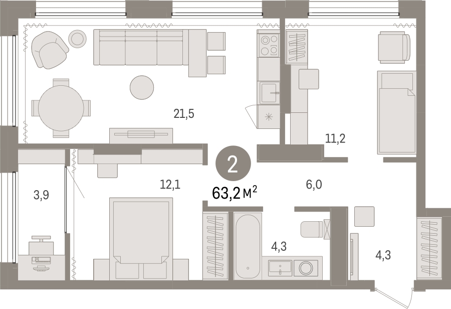 3-комнатная квартира с отделкой в ЖК Октябрьский на Туре на 5 этаже в 1 секции. Сдача в 2 кв. 2026 г.
