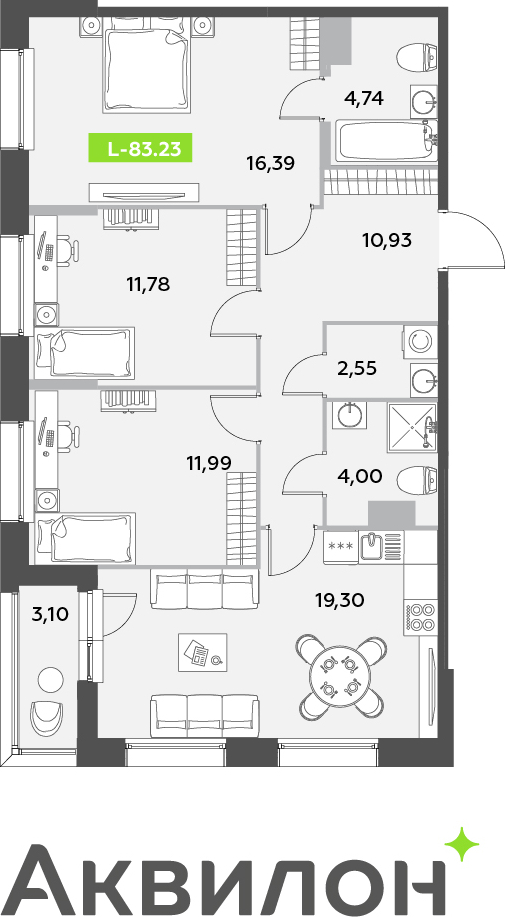 3-комнатная квартира с отделкой в ЖК Октябрьский на Туре на 2 этаже в 1 секции. Сдача в 2 кв. 2026 г.