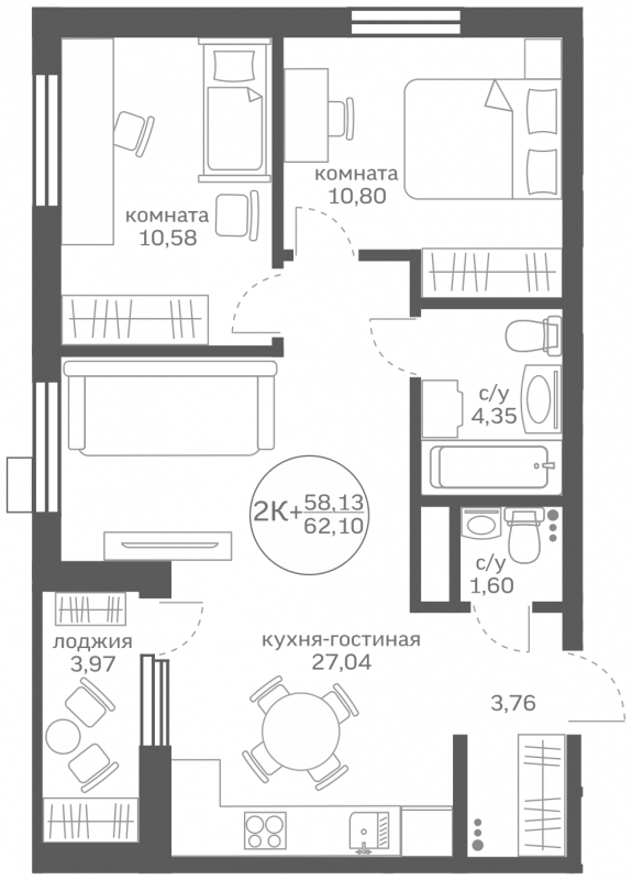 2-комнатная квартира с отделкой в ЖК Октябрьский на Туре на 9 этаже в 1 секции. Сдача в 2 кв. 2025 г.