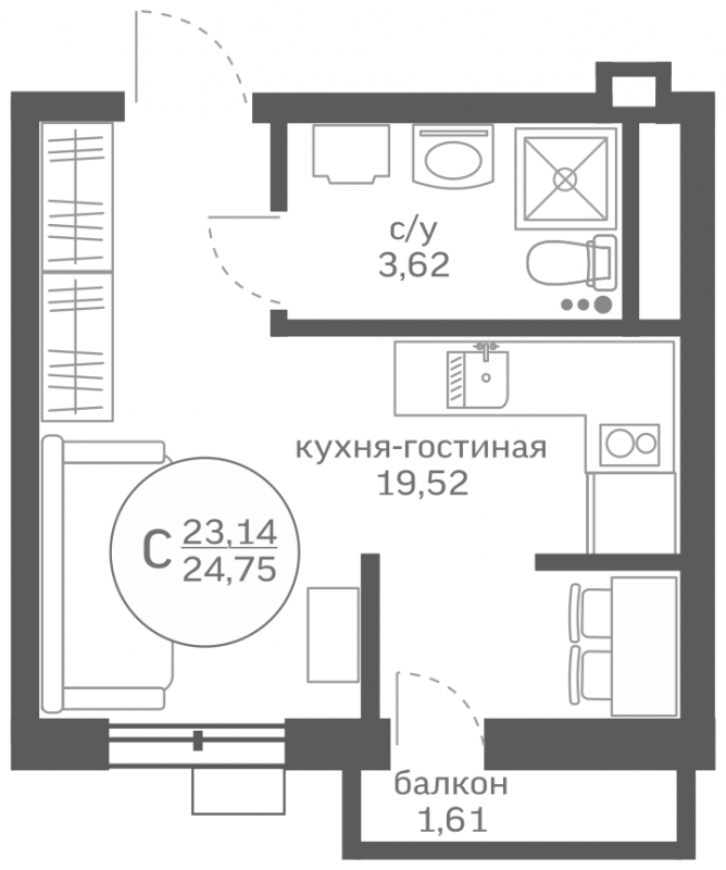 1-комнатная квартира (Студия) в ЖК Дзен-кварталы на 8 этаже в 1 секции. Сдача в 1 кв. 2026 г.