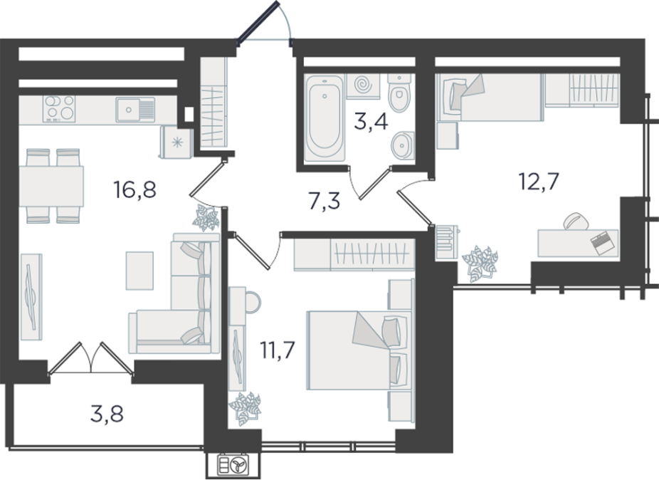 2-комнатная квартира в ЖК Дзен-кварталы на 3 этаже в 3 секции. Сдача в 1 кв. 2026 г.