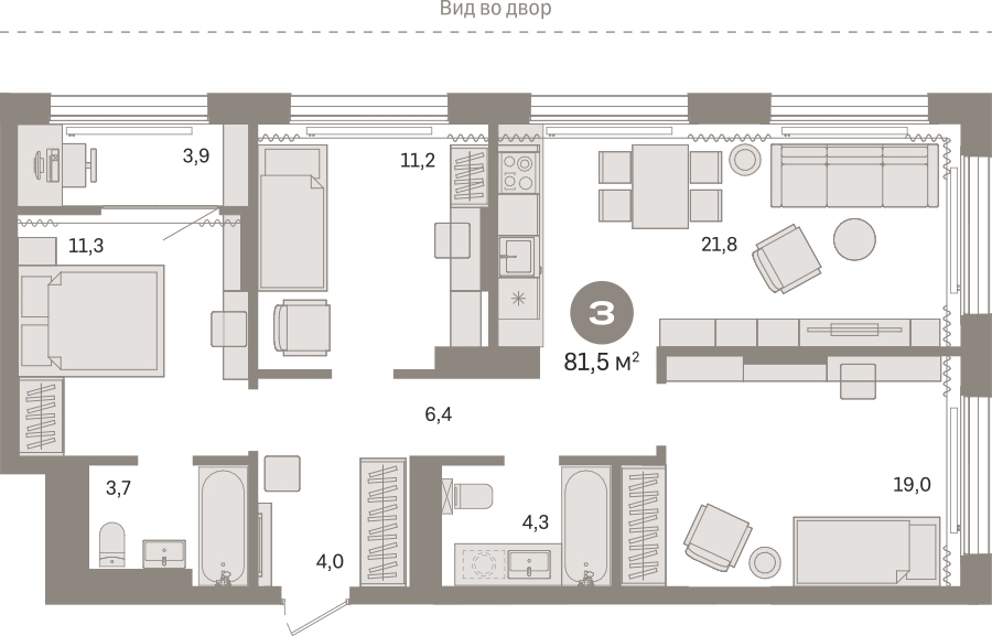 3-комнатная квартира с отделкой в ЖК Октябрьский на Туре на 6 этаже в 1 секции. Сдача в 2 кв. 2025 г.