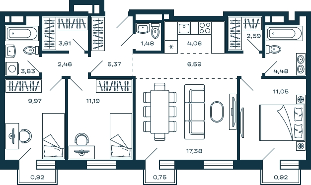 1-комнатная квартира с отделкой в ЖК Дзен-кварталы на 14 этаже в 1 секции. Сдача в 3 кв. 2026 г.