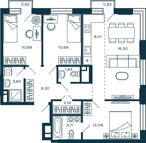 2-комнатная квартира с отделкой в ЖК Дзен-кварталы на 14 этаже в 1 секции. Сдача в 3 кв. 2026 г.