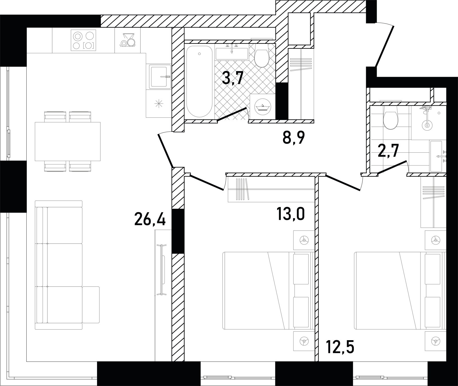 2-комнатная квартира с отделкой в ЖК Дзен-кварталы на 15 этаже в 1 секции. Сдача в 3 кв. 2026 г.
