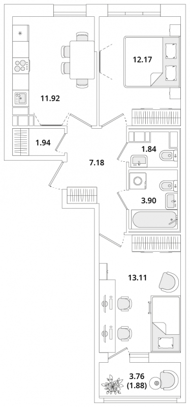 2-комнатная квартира с отделкой в ЖК Дзен-кварталы на 18 этаже в 1 секции. Сдача в 3 кв. 2026 г.