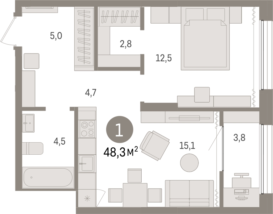 2-комнатная квартира с отделкой в ЖК Октябрьский на Туре на 5 этаже в 1 секции. Сдача в 2 кв. 2025 г.