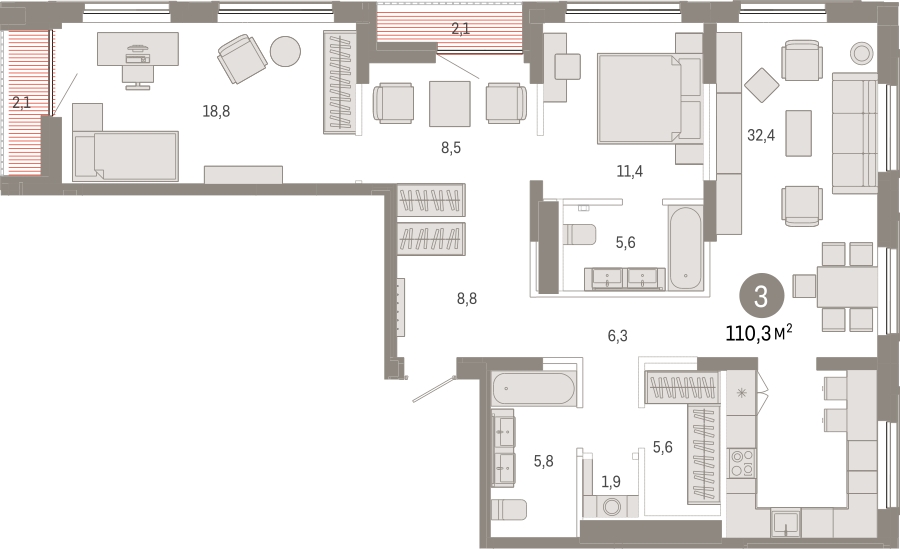 3-комнатная квартира в ЖК Дзен-кварталы на 5 этаже в 1 секции. Сдача в 1 кв. 2026 г.