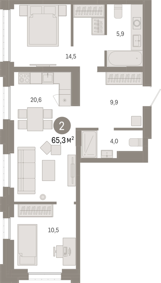 2-комнатная квартира с отделкой в ЖК Октябрьский на Туре на 17 этаже в 2 секции. Сдача в 2 кв. 2025 г.