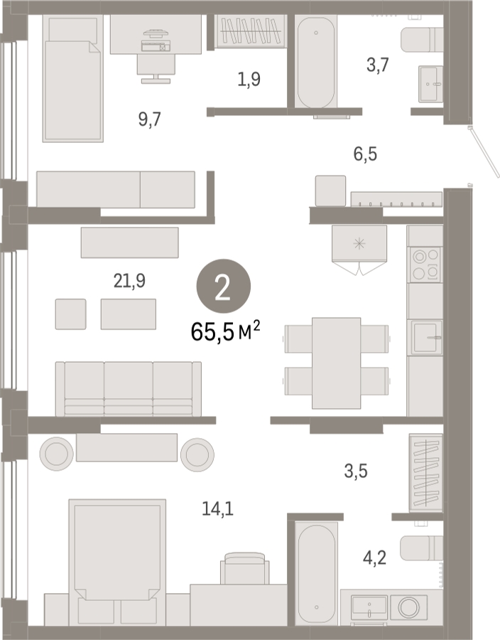 2-комнатная квартира с отделкой в ЖК Октябрьский на Туре на 2 этаже в 6 секции. Сдача в 2 кв. 2026 г.