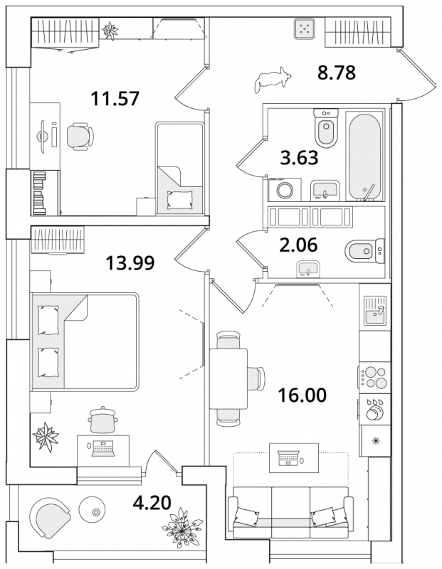 2-комнатная квартира с отделкой в ЖК Октябрьский на Туре на 7 этаже в 3 секции. Сдача в 2 кв. 2026 г.