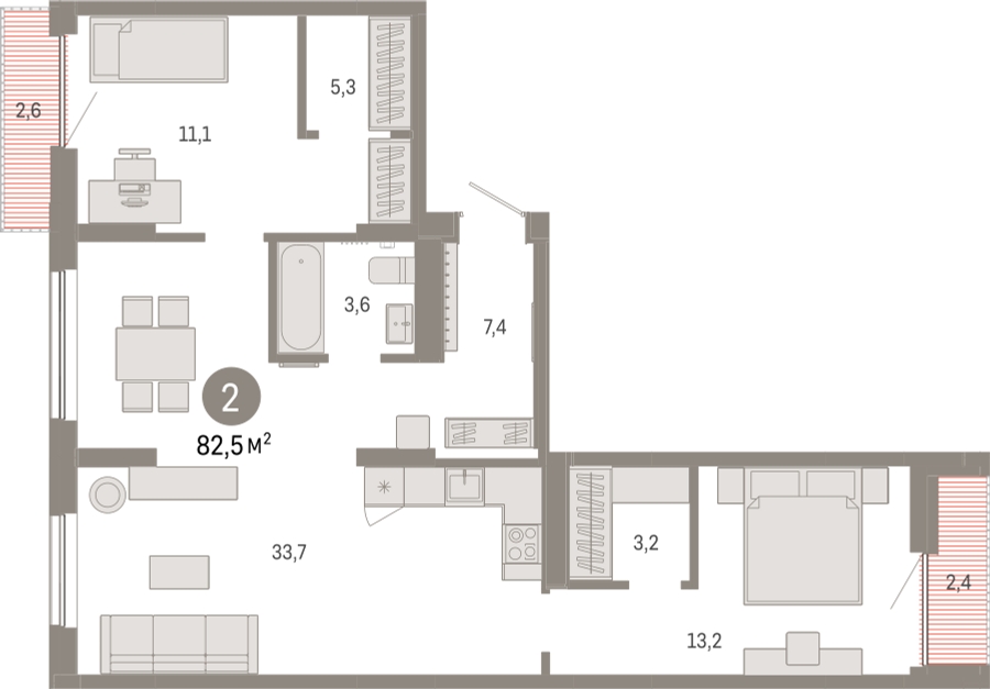 2-комнатная квартира с отделкой в ЖК Октябрьский на Туре на 3 этаже в 3 секции. Сдача в 2 кв. 2026 г.
