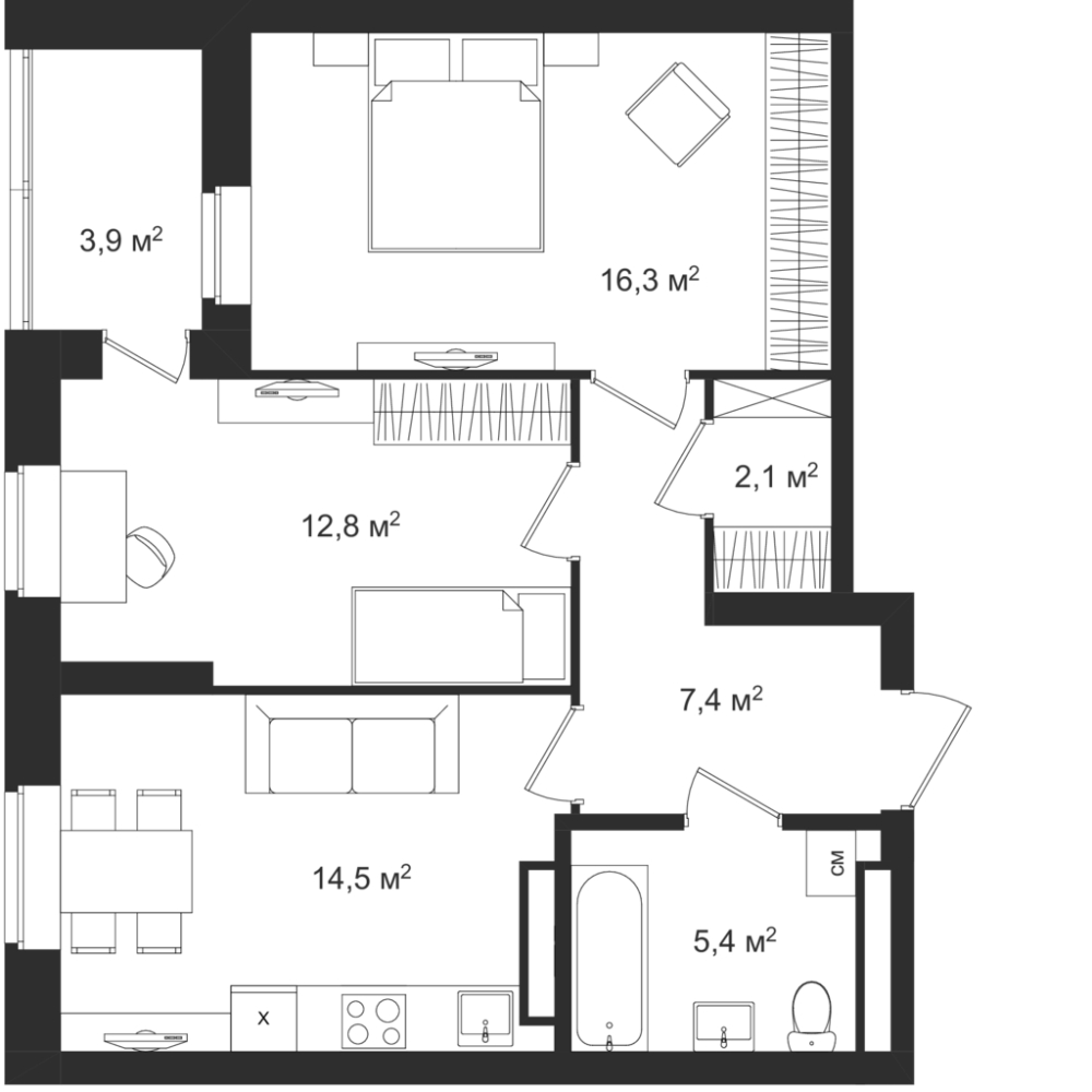 2-комнатная квартира в ЖК Тринити-2 на 2 этаже в 1 секции. Сдача в 3 кв. 2023 г.