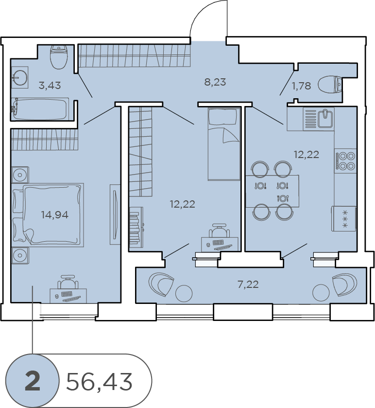 2-комнатная квартира в ЖК М_5 на 22 этаже в 1 секции. Сдача в 3 кв. 2025 г.