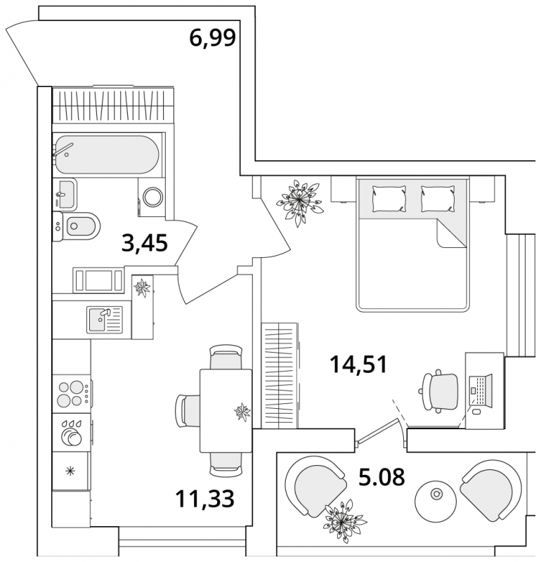 1-комнатная квартира в ЖК М_5 на 12 этаже в 1 секции. Сдача в 2 кв. 2025 г.