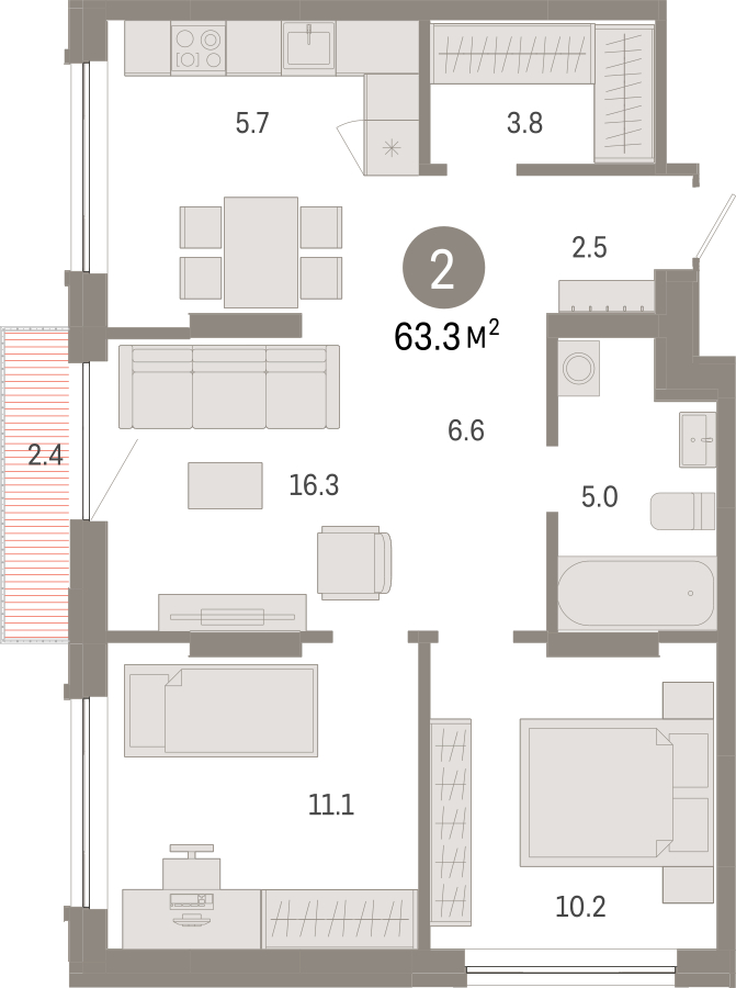 3-комнатная квартира с отделкой в ЖК Октябрьский на Туре на 17 этаже в 6 секции. Сдача в 2 кв. 2026 г.