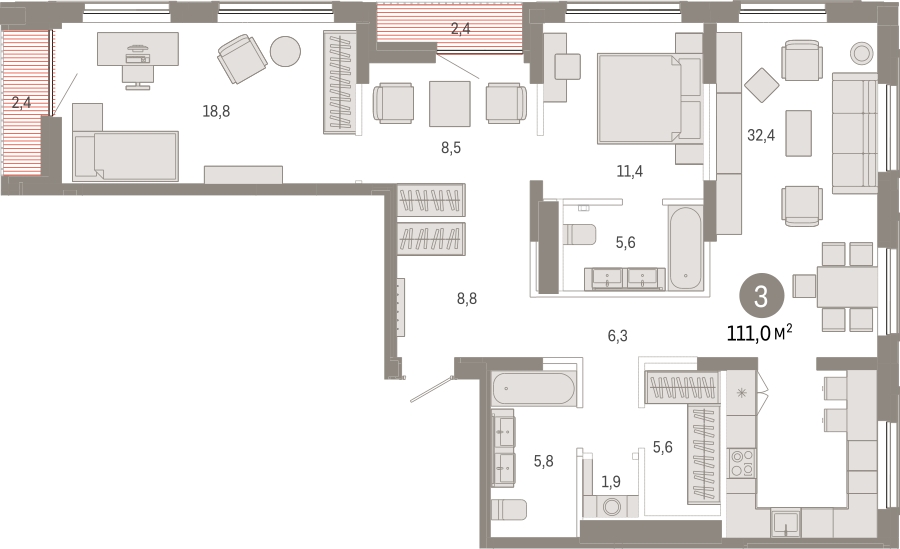 2-комнатная квартира с отделкой в ЖК Октябрьский на Туре на 3 этаже в 1 секции. Сдача в 2 кв. 2026 г.