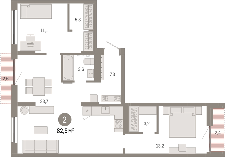 2-комнатная квартира с отделкой в ЖК Октябрьский на Туре на 5 этаже в 2 секции. Сдача в 2 кв. 2026 г.