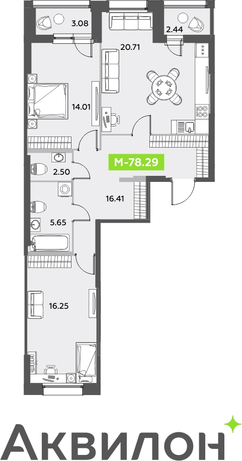 2-комнатная квартира в ЖК Дзен-кварталы на 8 этаже в 6 секции. Сдача в 1 кв. 2026 г.
