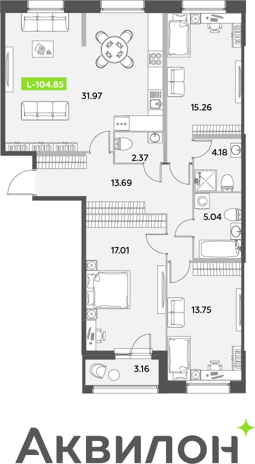 1-комнатная квартира (Студия) с отделкой в ЖК Октябрьский на Туре на 3 этаже в 1 секции. Сдача в 1 кв. 2026 г.