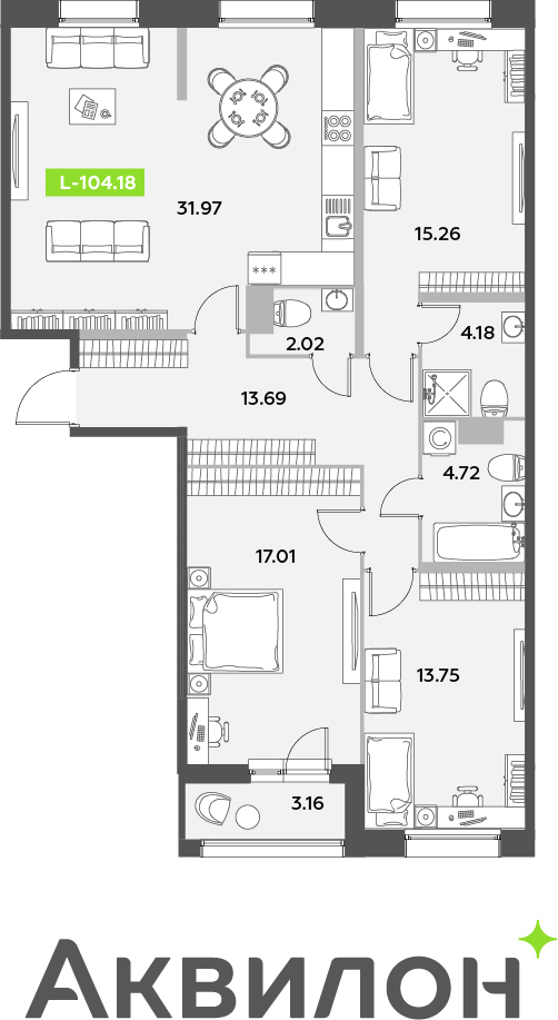 2-комнатная квартира с отделкой в ЖК Октябрьский на Туре на 5 этаже в 1 секции. Сдача в 1 кв. 2026 г.