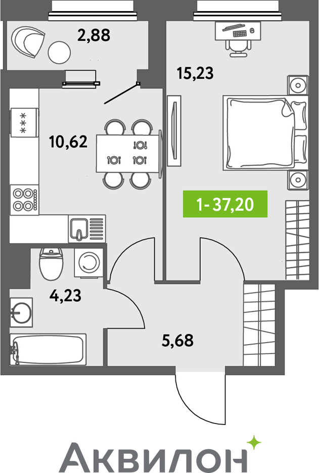 1-комнатная квартира (Студия) с отделкой в ЖК Октябрьский на Туре на 16 этаже в 1 секции. Сдача в 2 кв. 2025 г.