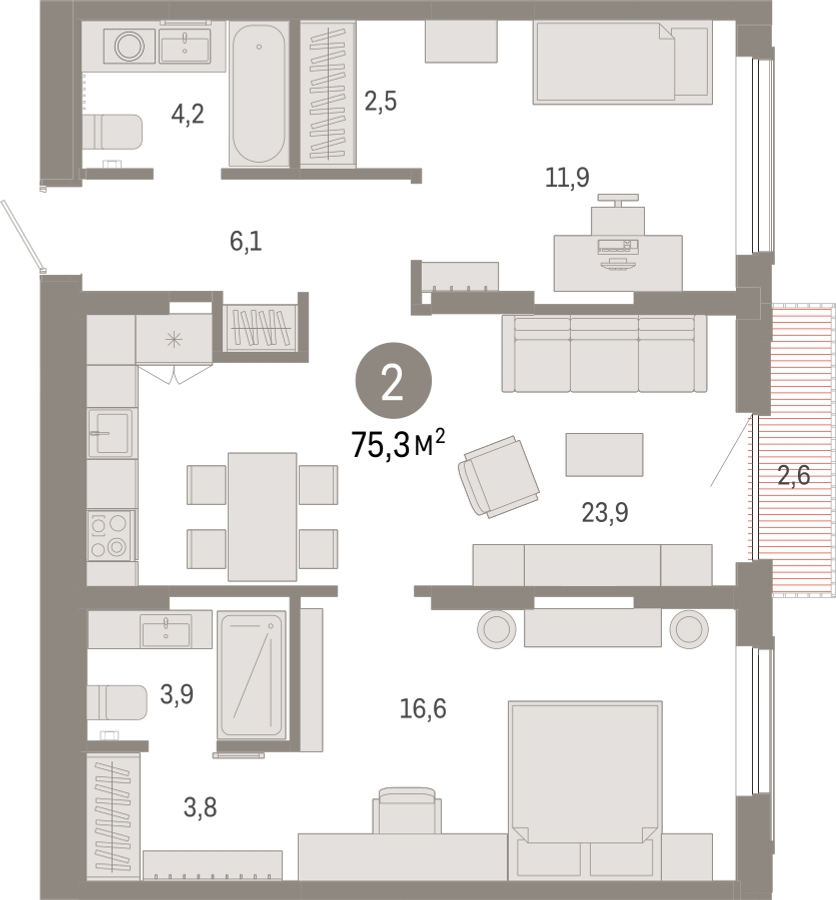3-комнатная квартира с отделкой в ЖК Октябрьский на Туре на 3 этаже в 1 секции. Сдача в 2 кв. 2025 г.