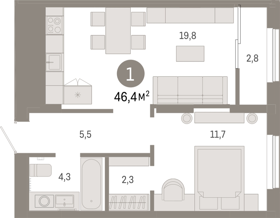 1-комнатная квартира с отделкой в ЖК Октябрьский на Туре на 6 этаже в 1 секции. Сдача в 2 кв. 2026 г.
