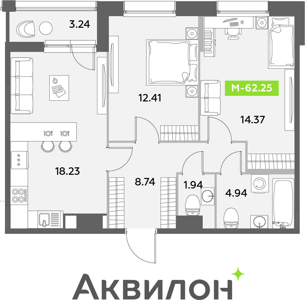 3-комнатная квартира с отделкой в ЖК Октябрьский на Туре на 4 этаже в 6 секции. Сдача в 1 кв. 2026 г.